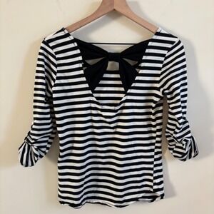 Monteau Los Angeles Striped Bow Back Top Black White 3/4 Sleeve Size L